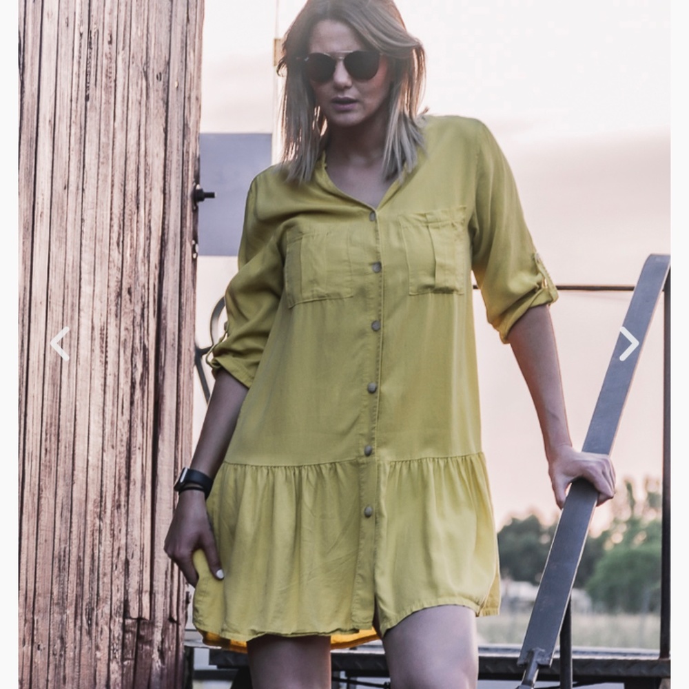 Zara Khaki Button-Down Ruffle Skirt Dress